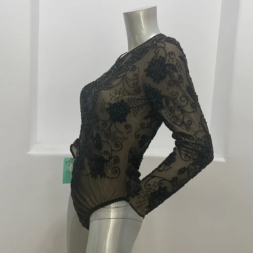 Bob Mackie Special Occasion Beaded Long Sleeve  Bodysuit Black Size S - Picture 3 of 14